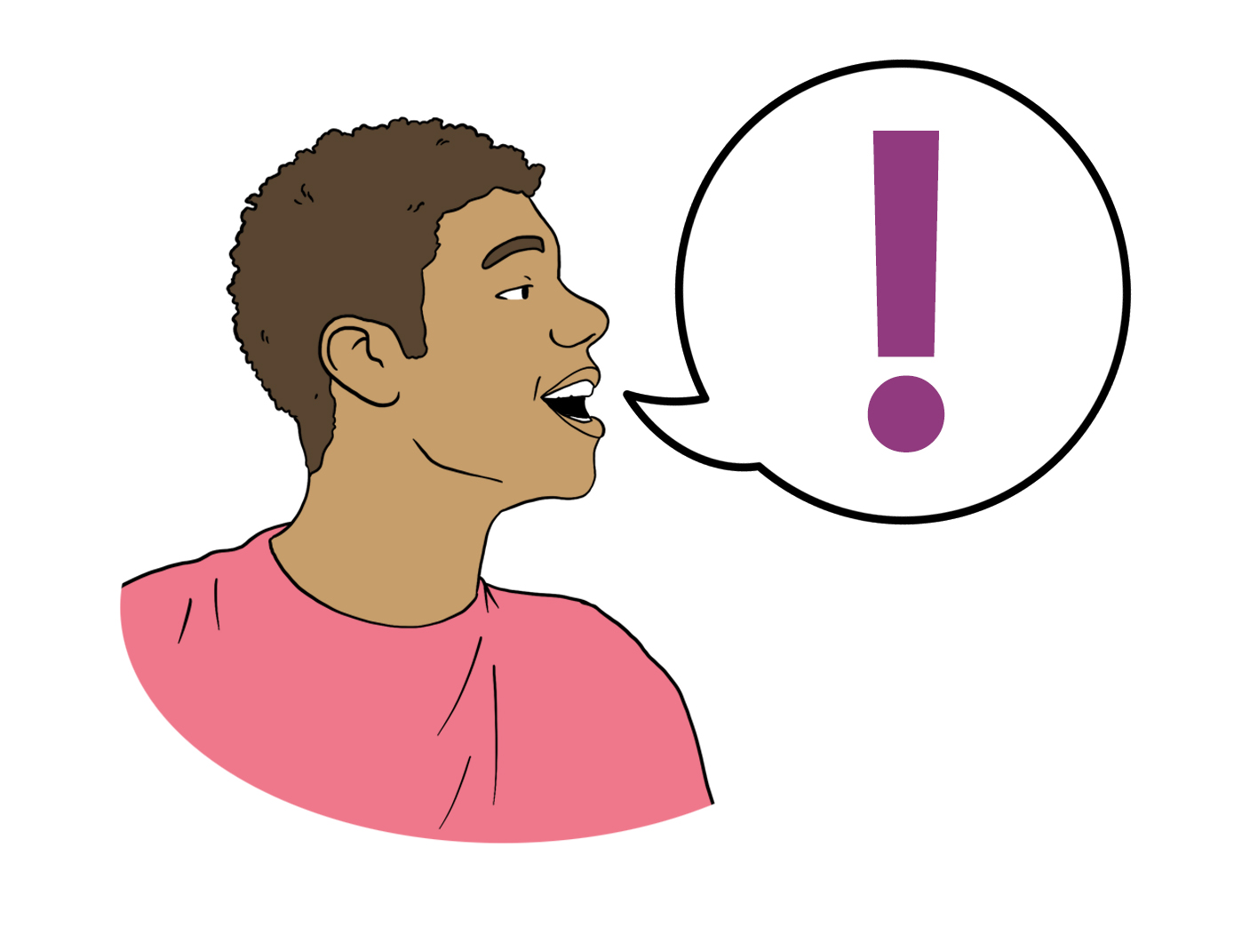 An image of a man wearing a pink t-shirt, with a speech bubble containing a purple exclamation mark coming out of his mouth.