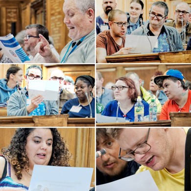 PPCTTO blog post – pic 5 A montage of photos from the Leeds Learning Disability People's Parliament - Council Chambers Takeover in June 2025